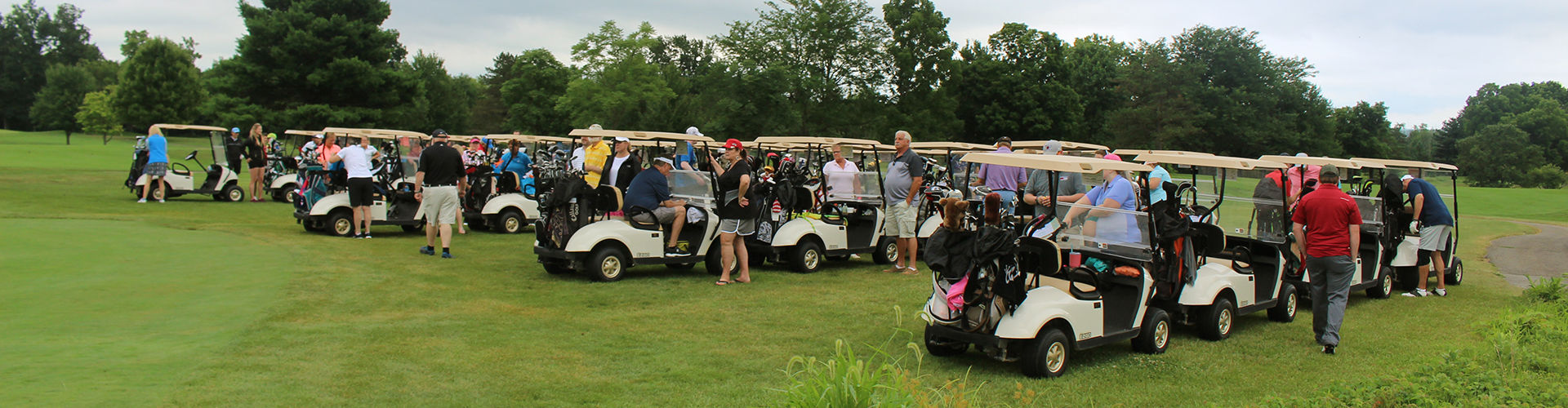 A group of golfers with golf carts